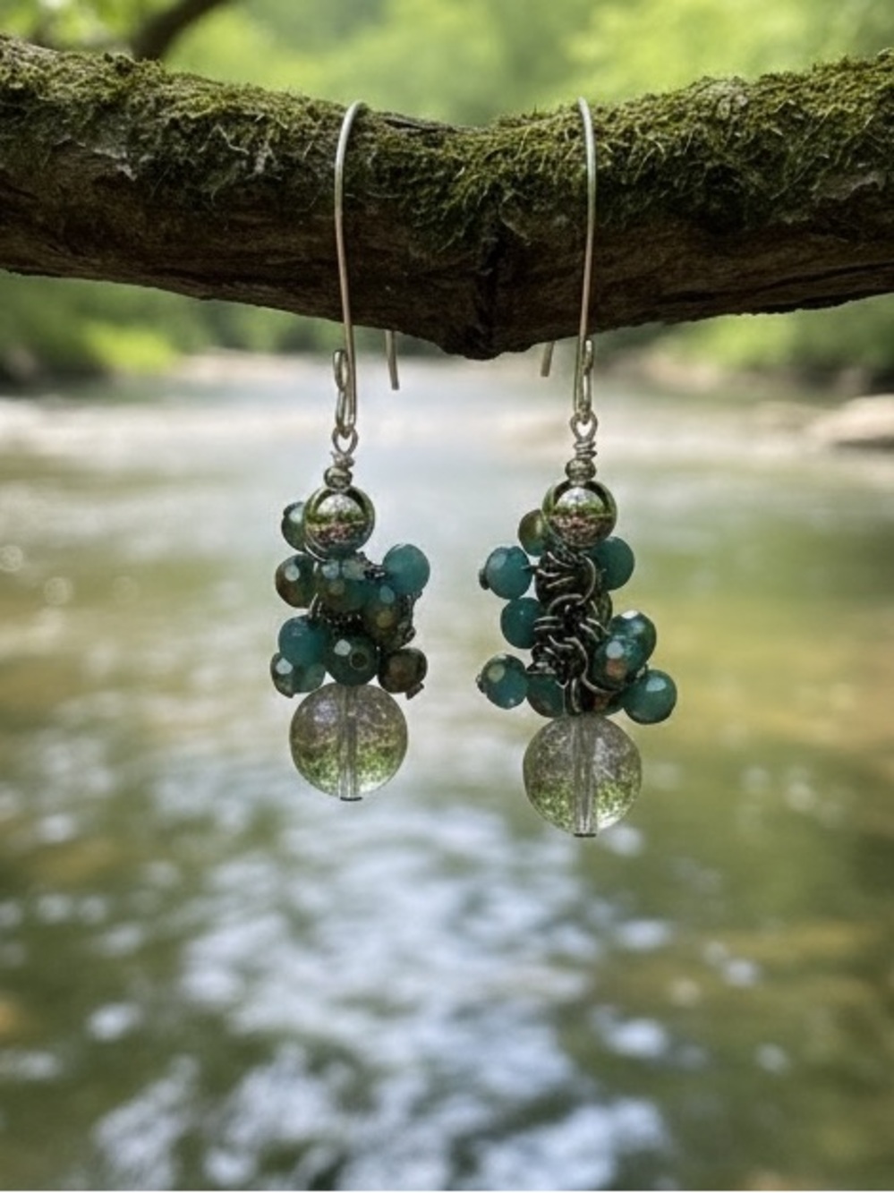 Teal Cluster Drop Earrings with Glass Accent Beads